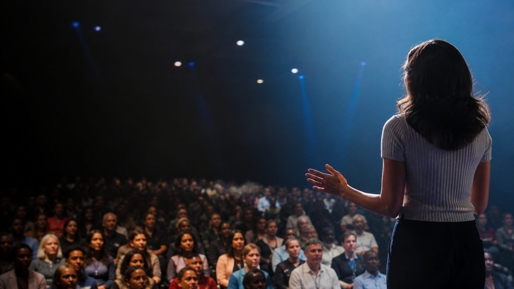 A speaker addressing an audience from a lit stage