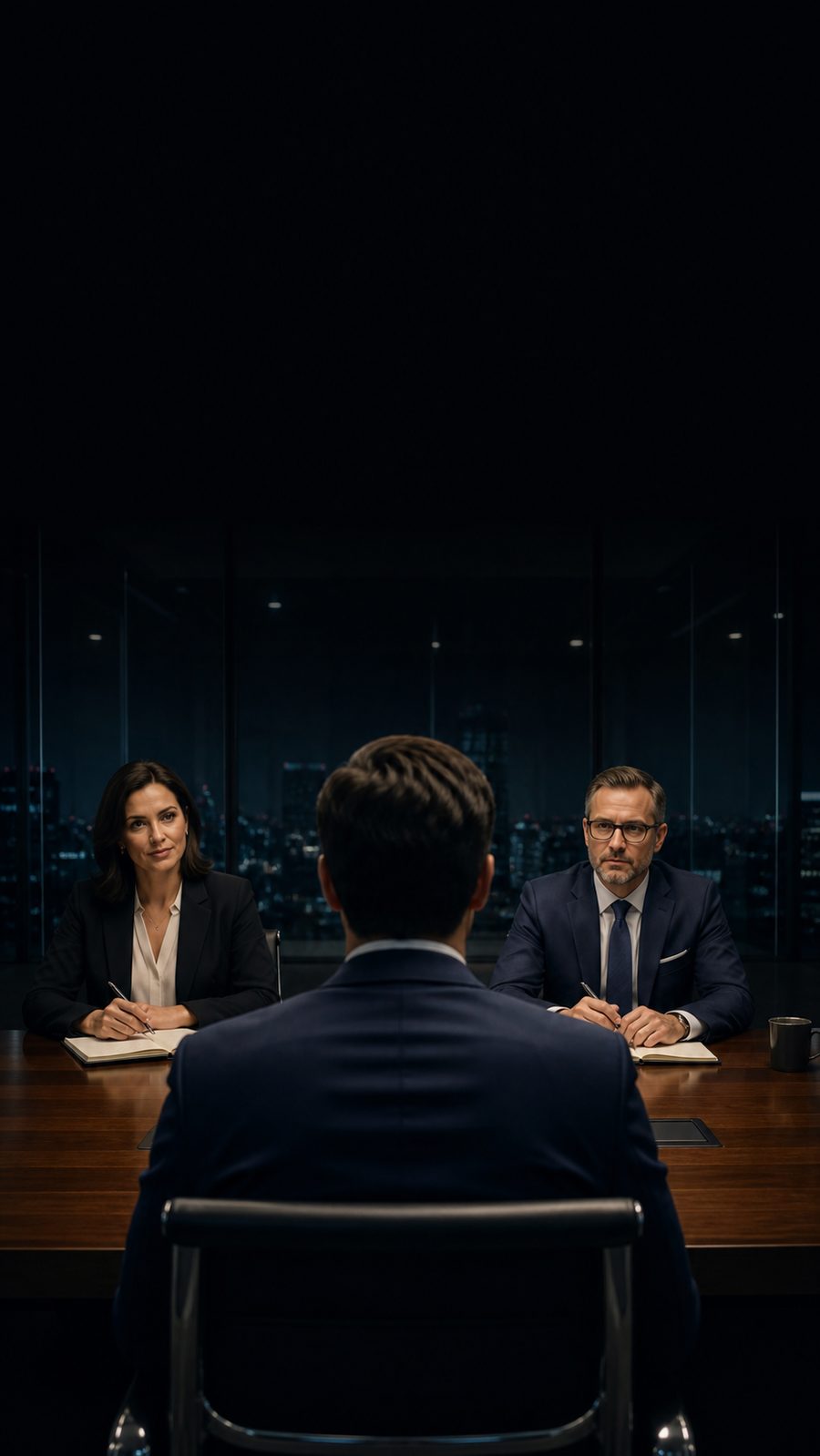 Two interviewers across a boardroom table at night
