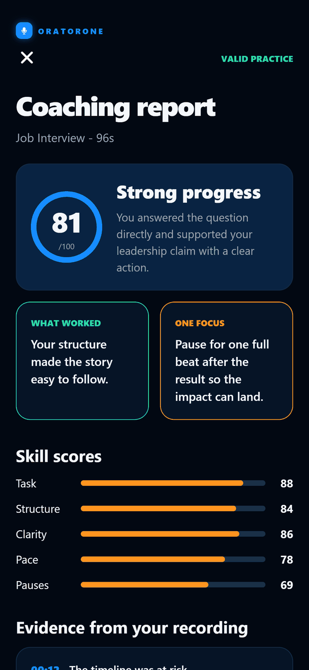 A coaching report with an overall score, strengths and skill scores